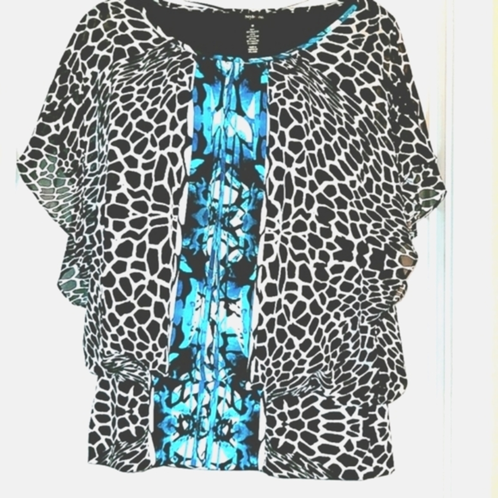 STYLE & CO flutter sleeve blouse MED black and white animal print with azure